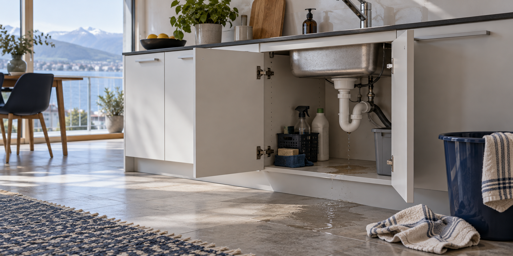Pequeña fuga de agua bajo el fregadero de una vivienda