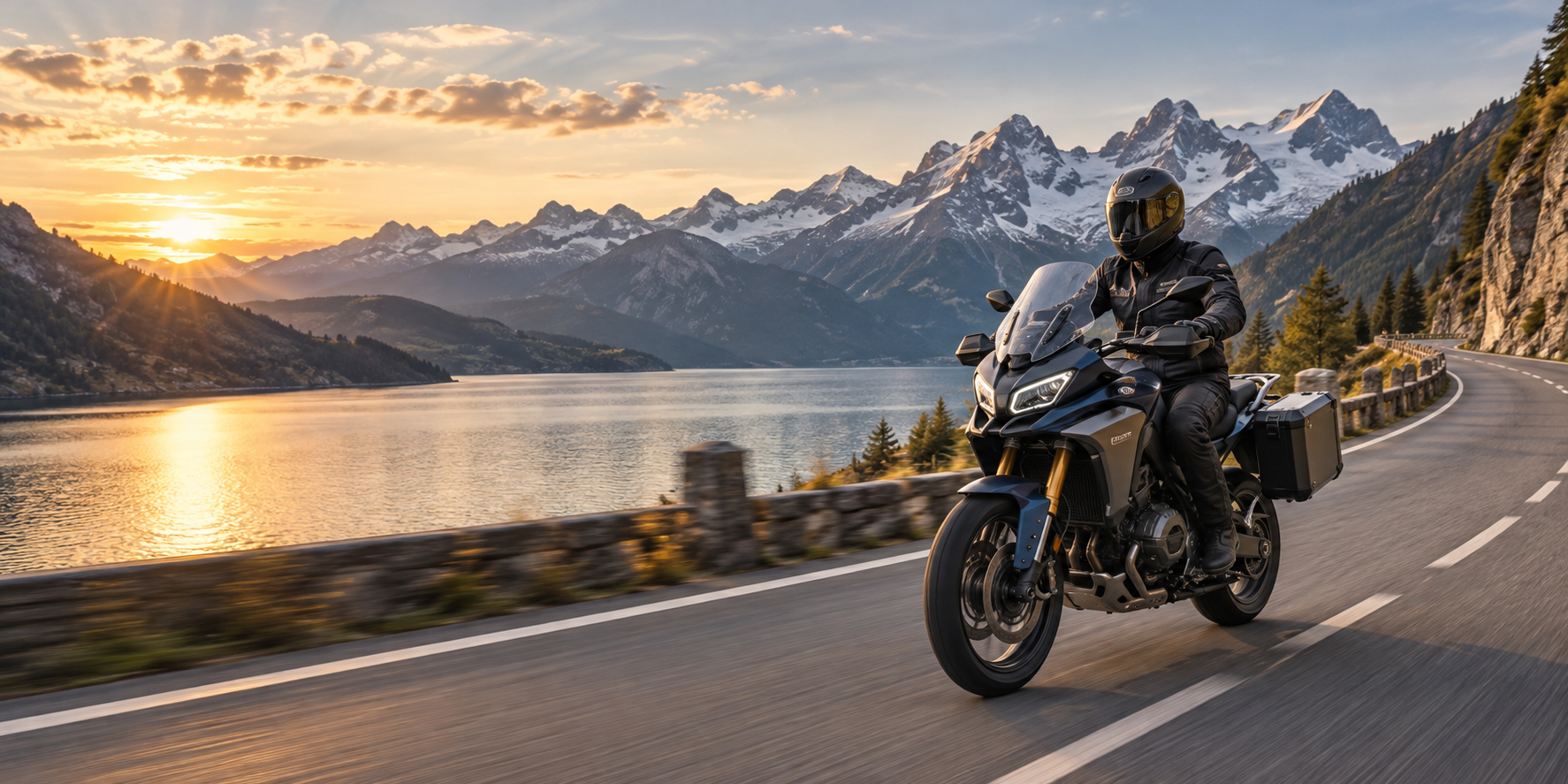 Motocicleta touring circulando por una carretera de los Alpes suizos