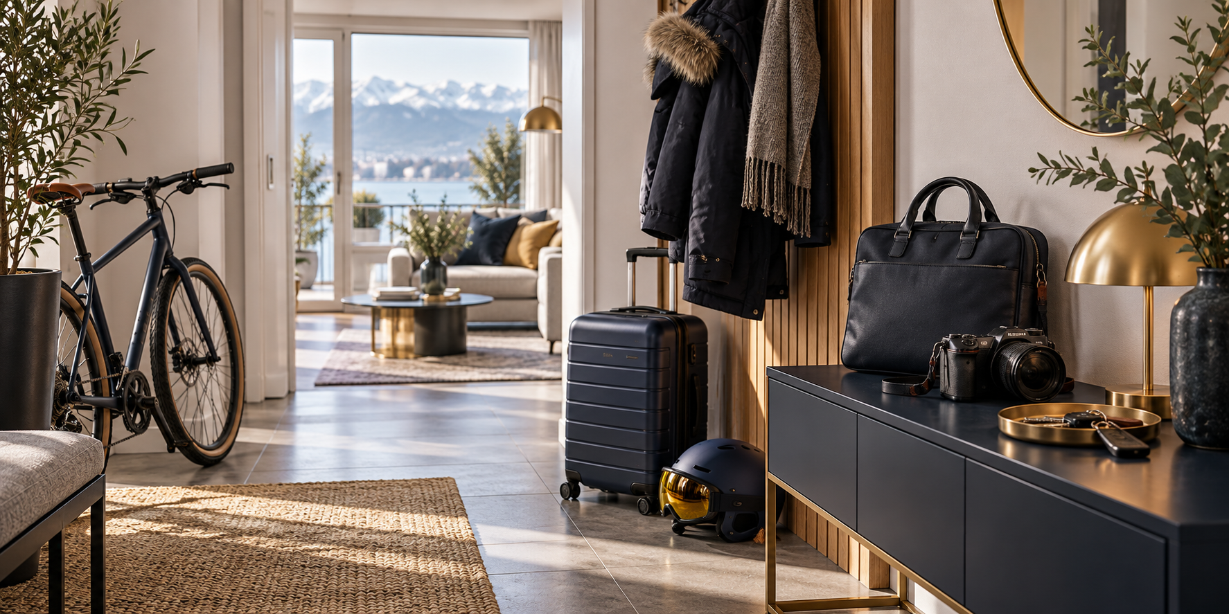 Bicicleta, equipaje, cámara y objetos personales en una vivienda suiza